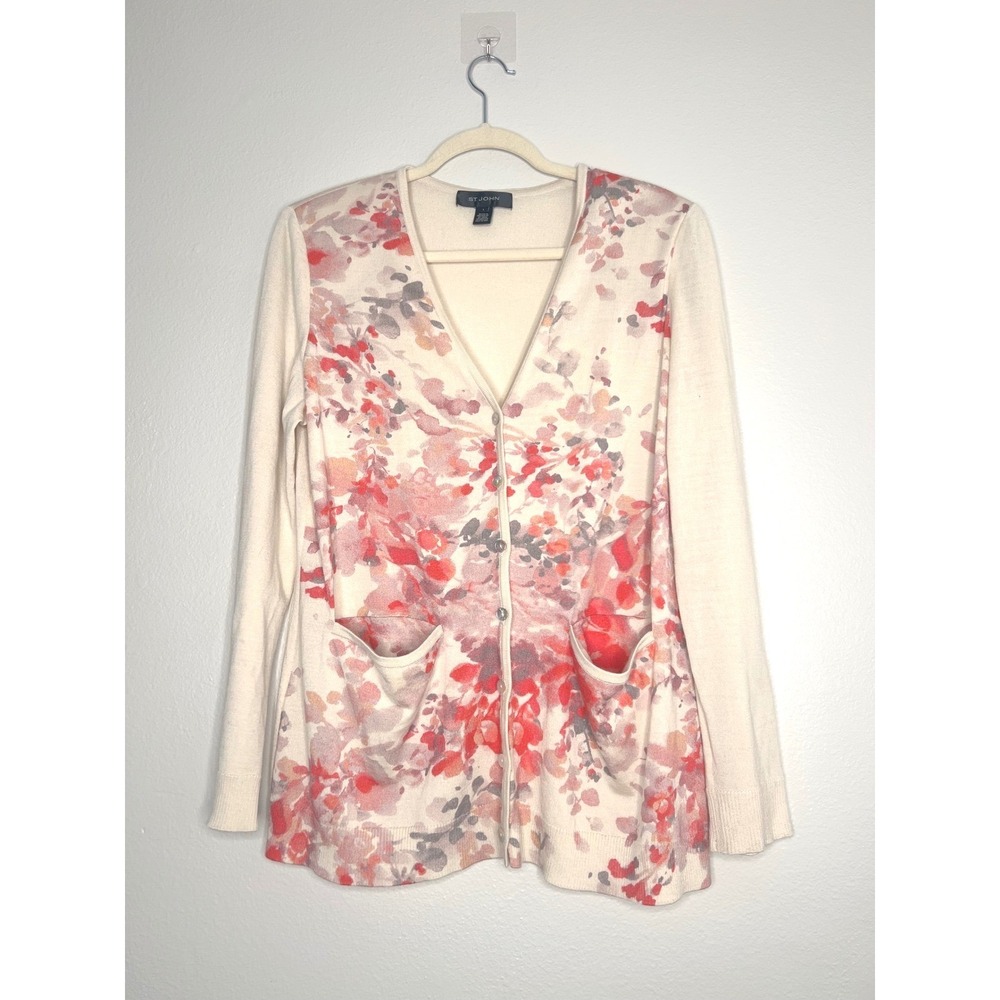 St. John Wool Silk Cashmere Floral Watercolor Cardigan Cream Red Size L